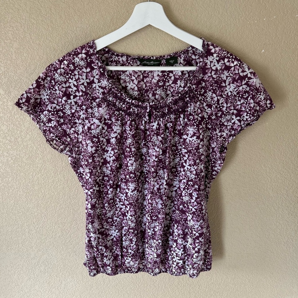 Eddie Bauer 100% Cotton Purple and White Floral Blouse Size M Cottagecore - Picture 8 of 8